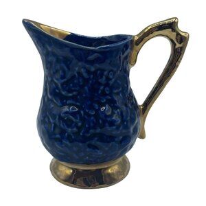 VTG Cobalt Blue Gold Accent Creamer Ripple Wavy Gift Decor 4"